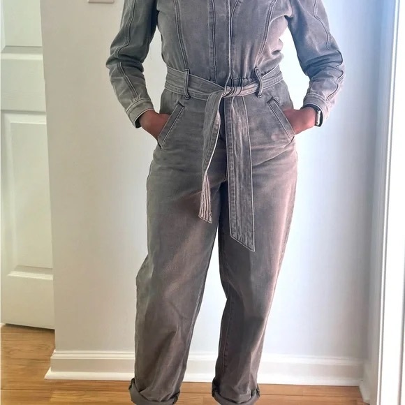 Express Puff Sleeve Tie Waist Gray Wash Denim Jumpsuit - Picture 3 of 6
